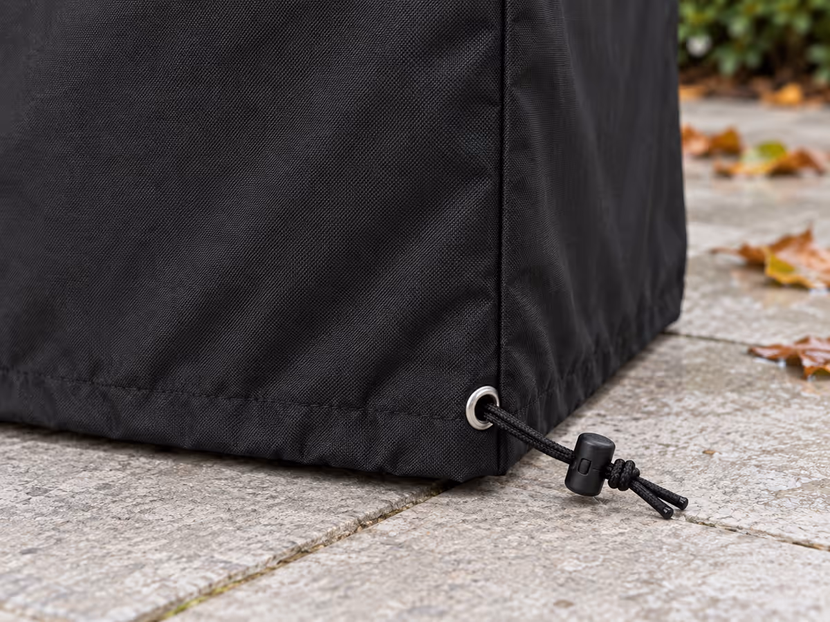 Gros plan de l'ourlet d'une housse de protection noire au pied d'une table de jardin, cordon serré et bloqué dans son œillet métallique, tissu plissé