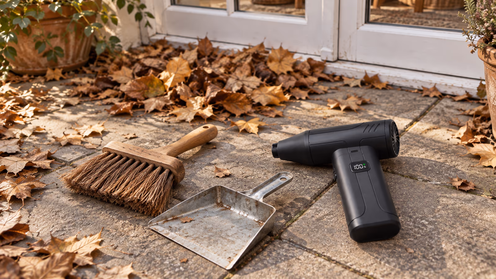 Balayette à poils durs et mini souffleur rechargeable noir posés côte à côte sur des dalles de balcon couvertes de feuilles mortes