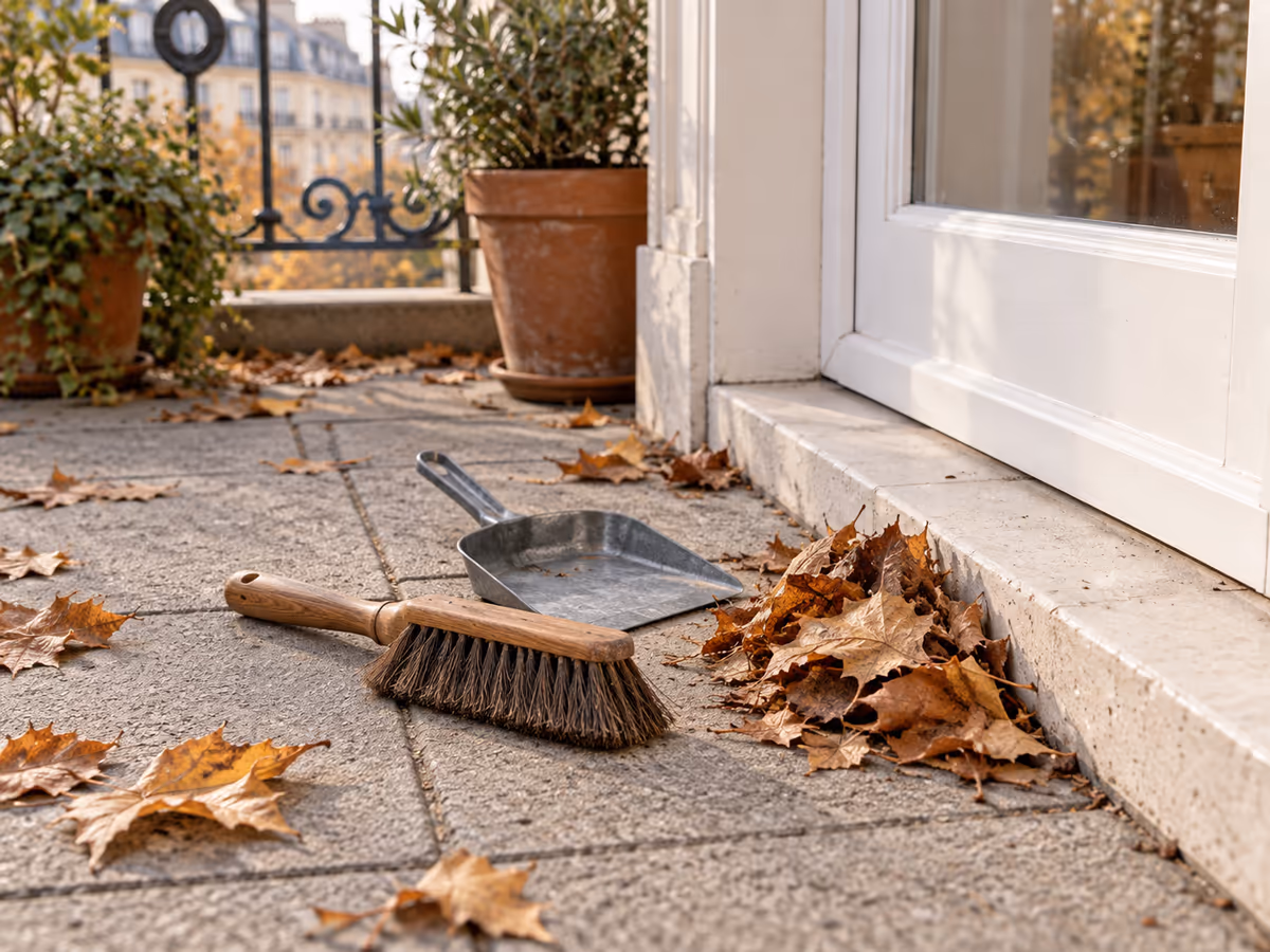 Balayette à poils durs et sa pelle posées sur des dalles de balcon, petit tas de feuilles mortes sèches rassemblé devant une porte
