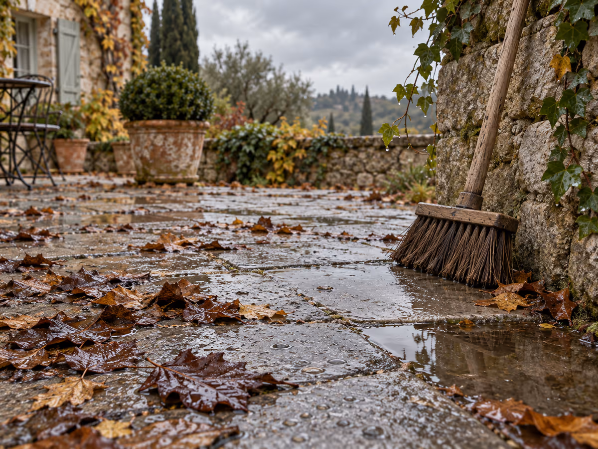 Feuilles mortes mouillées collées sur des dalles de terrasse en automne, balai à poils durs appuyé contre un muret