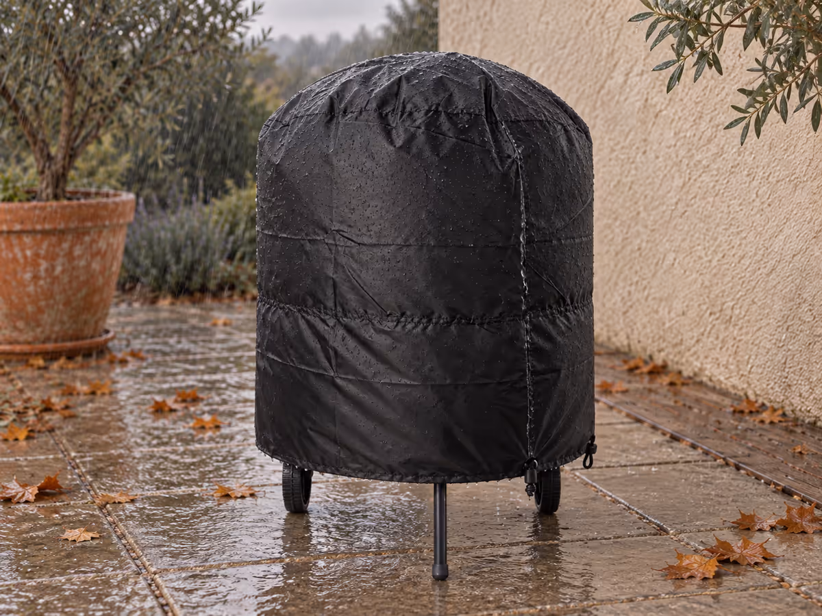 Gril à charbon rond sous une couverture noire, filet d'eau qui court le long d'une couture pendant une pluie d'automne sur une terrasse