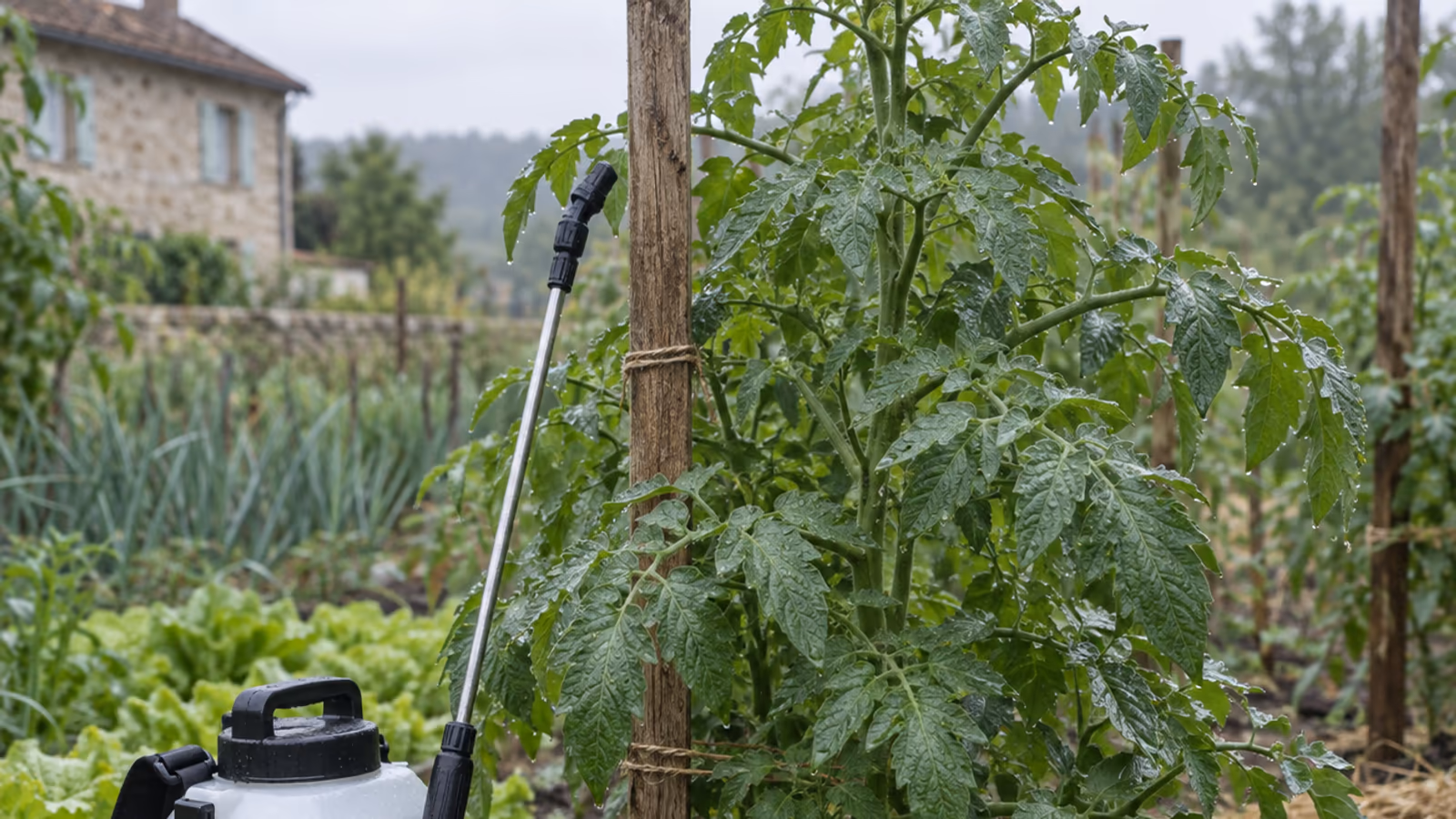 Pied de tomate au potager attaché à un tuteur, feuillage encore sain, pulvérisateur de jardin posé au pied sur la terre humide