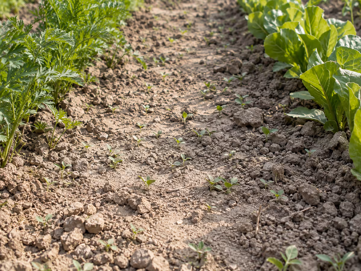 Interligne de potager couvert de jeunes herbes de quelques feuilles sur une terre sèche et claire, entre deux rangs de légumes