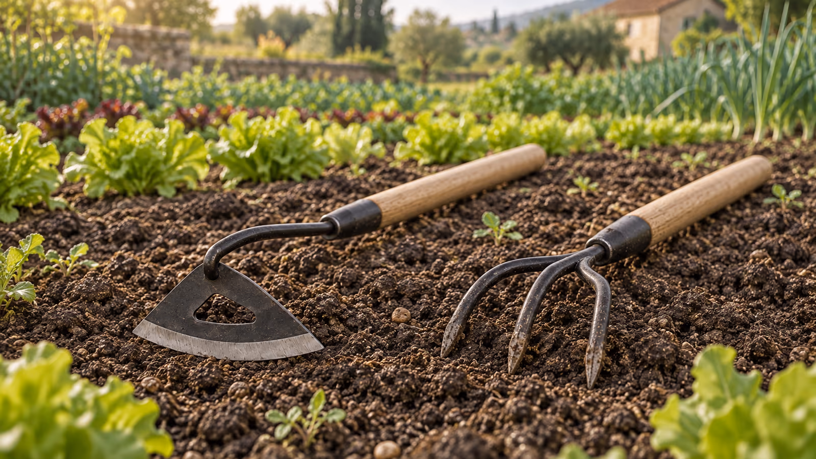 Tête de binette triangulaire et griffe sarcloir à dents posées côte à côte sur un rang de potager