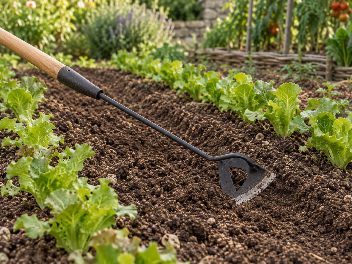 Lame de binette tirée à plat dans la terre ameublie entre deux rangs de légumes jeunes