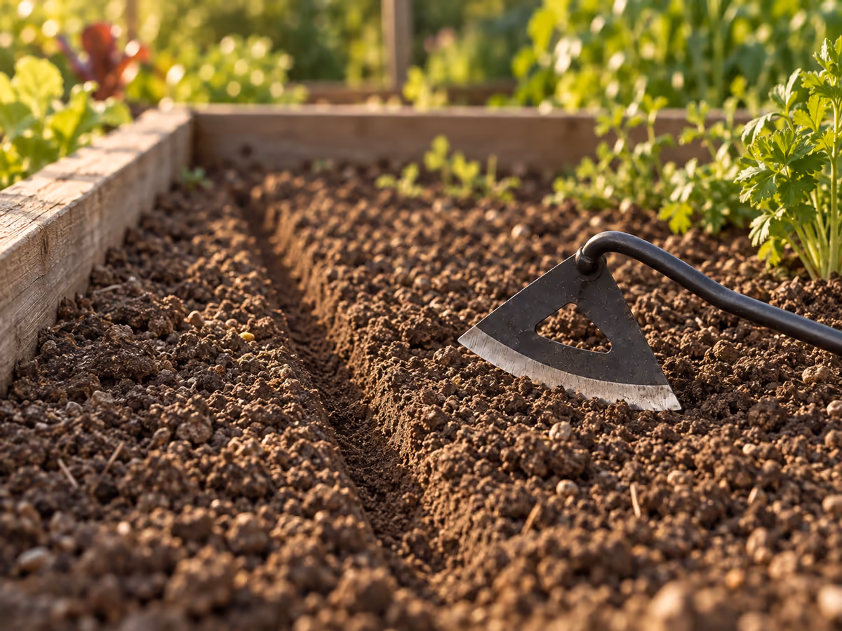 Sillon régulier tracé dans une terre fine de semis, au bord d'un panneau de potager