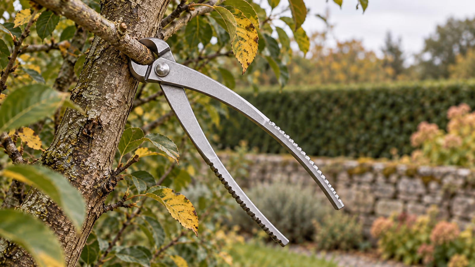 Sécateur tranchant une branche sèche de pommier