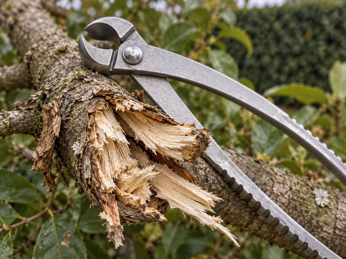 Coupe éclatée sur une branche sèche avec l'écorce déchirée