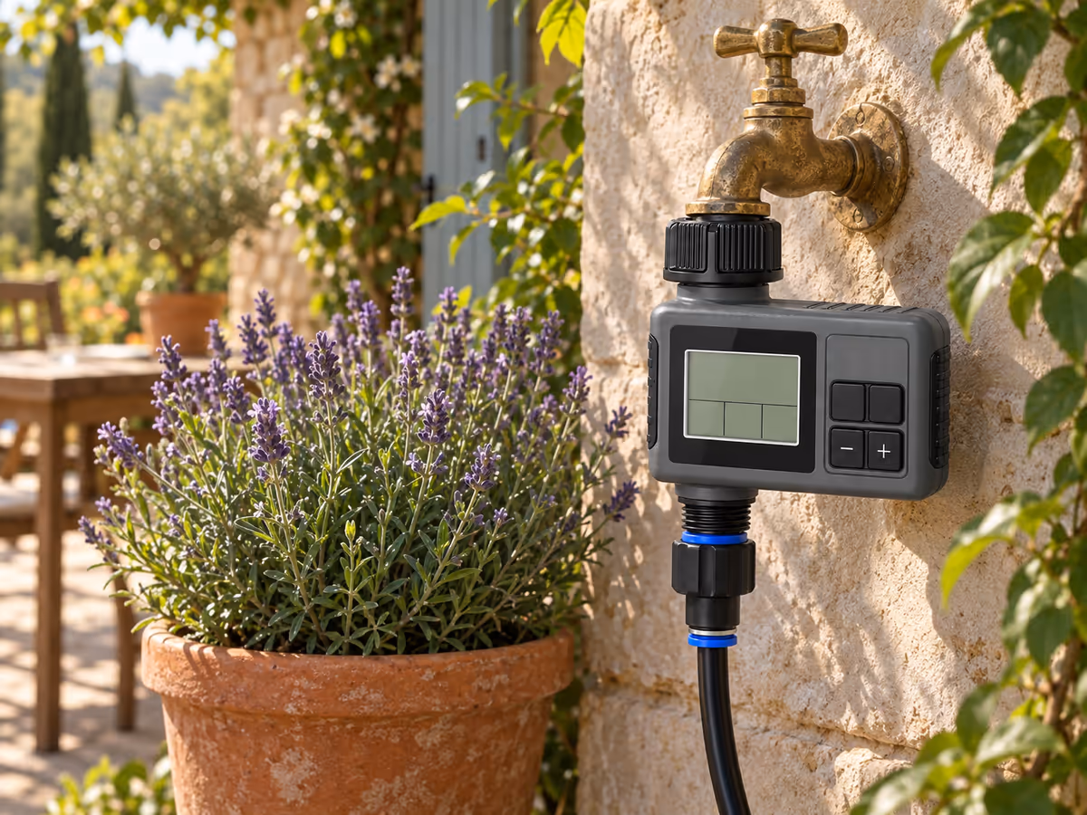 Programmateur de brumisation à écran LCD vissé sur un robinet de jardin, à l'ombre d'un pot de lavande