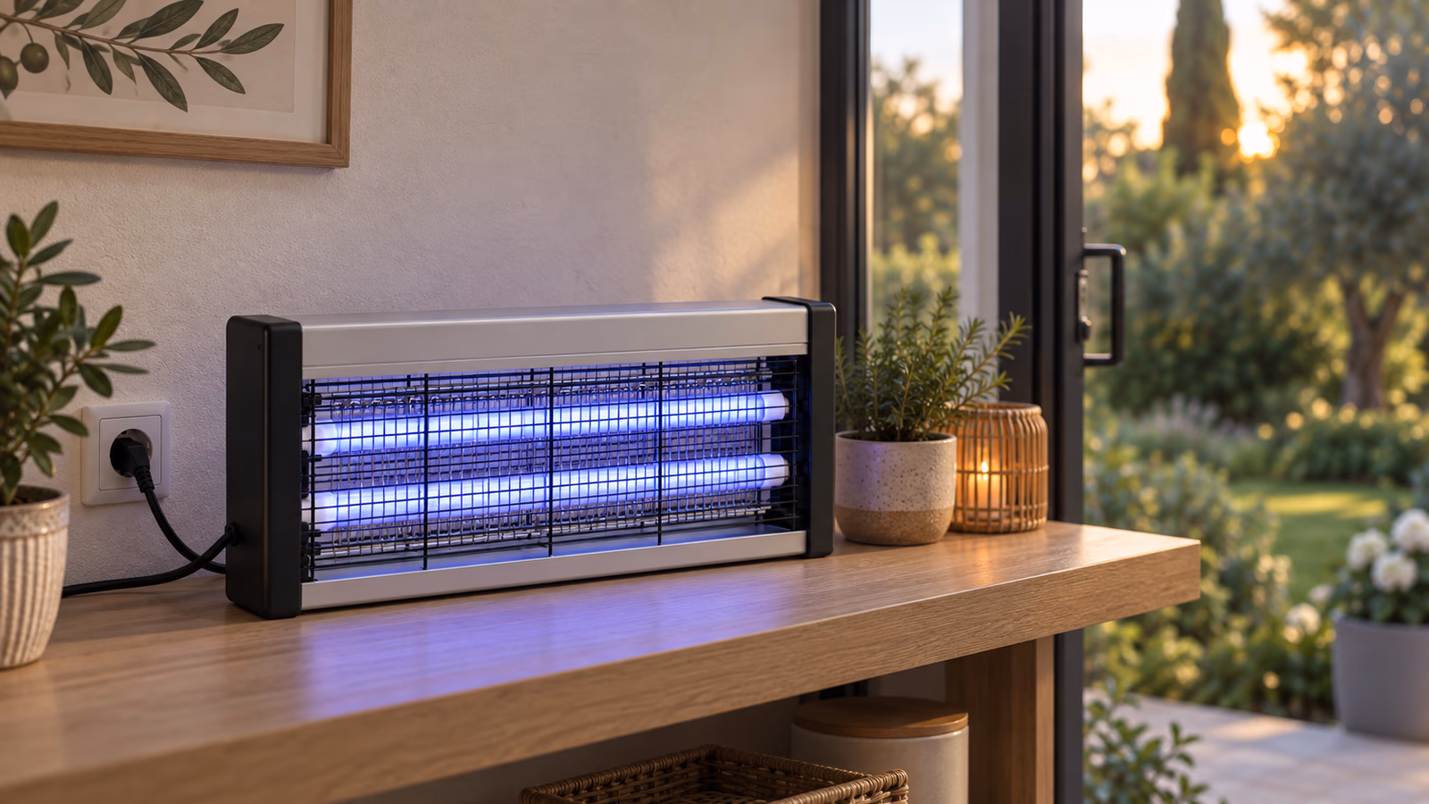 Lampe anti-moustique UV posée sur une étagère de véranda près d'une prise murale, portes vitrées ouvertes sur le jardin en fin de journée