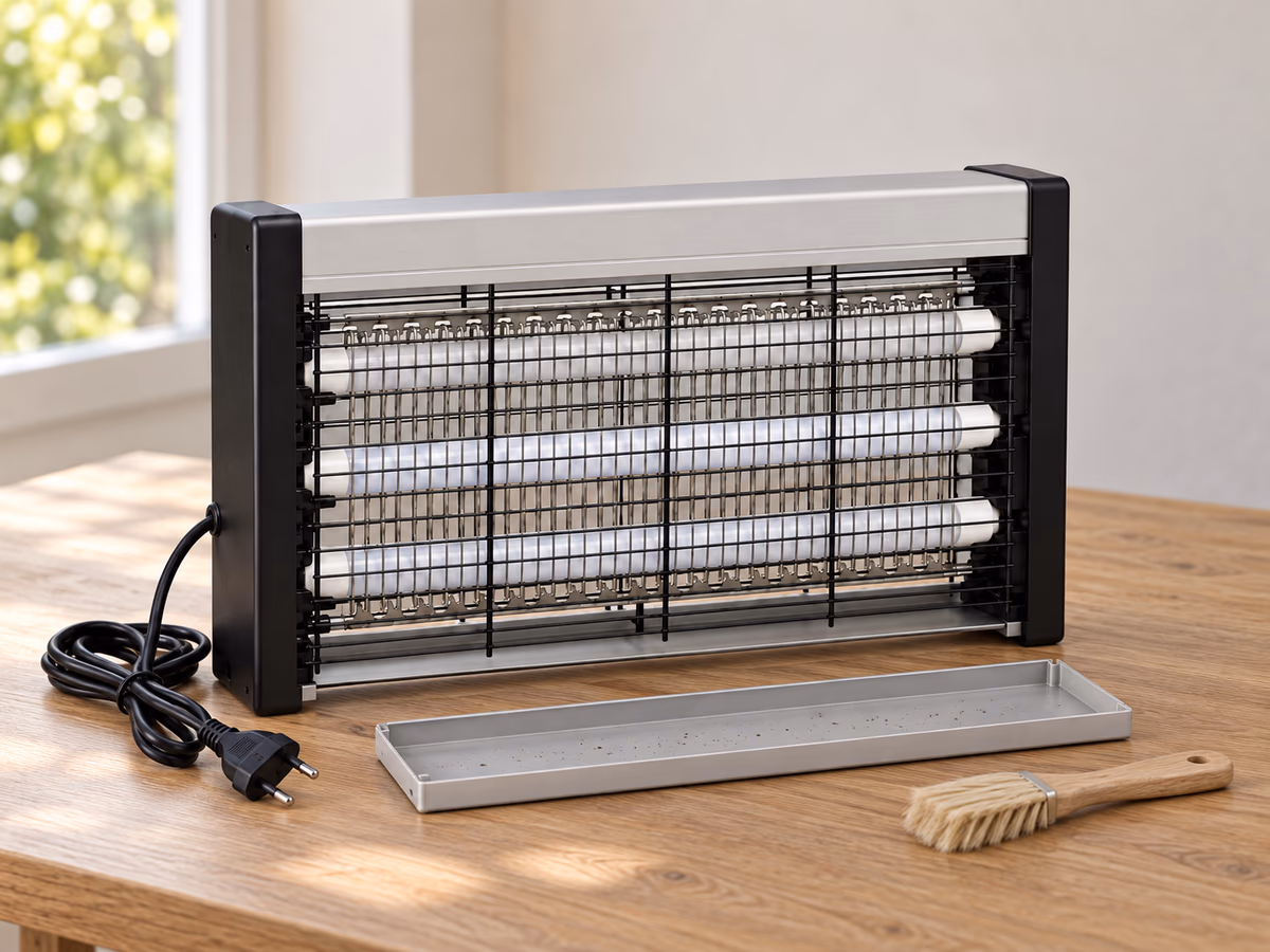 Bac inférieur amovible sorti sous une lampe anti-moustique débranchée posée sur une table de cuisine d'été, brosse sèche posée à côté