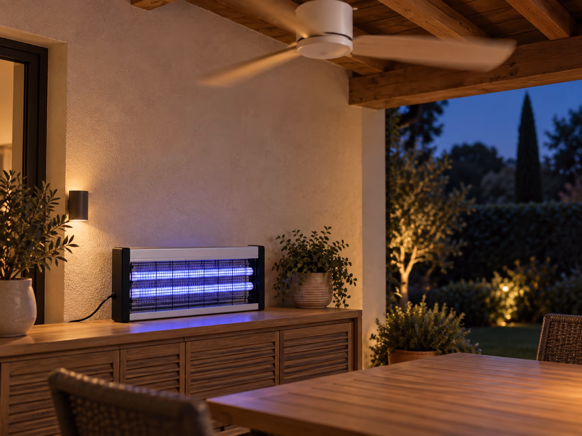 Ventilateur de plafond en rotation au-dessus d'une table de terrasse couverte, lampe anti-moustique posée sur un meuble contre le mur, fin de soirée