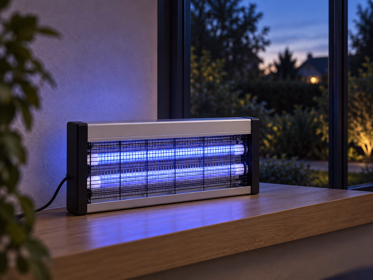 Lampe anti-moustique UV allumée sur un rebord de véranda, ses deux tubes visibles derrière la façade grillagée, jardin flou derrière les vitres