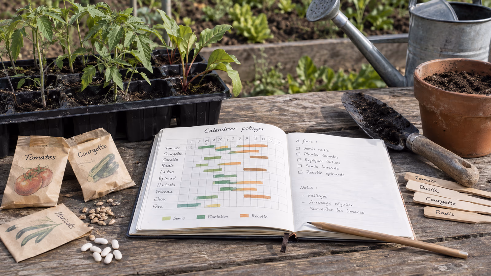 Carnet de jardinier ouvert sur un calendrier potager annuel, graines, étiquettes bois et jeunes plants en godets