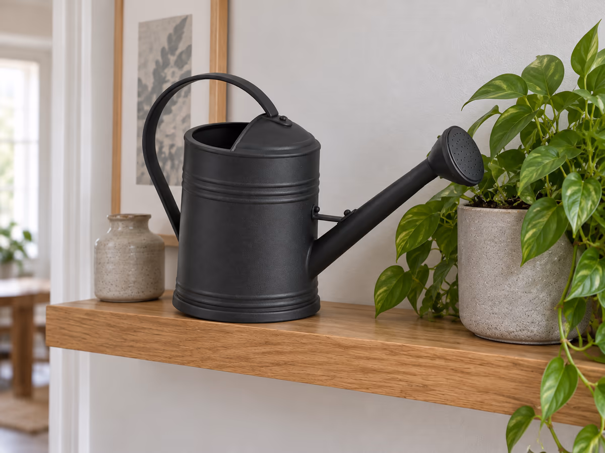 Arrosoir noir posé sur une étagère murale à côté d'un pot de pothos, bec à l'horizontale au-dessus de la terre