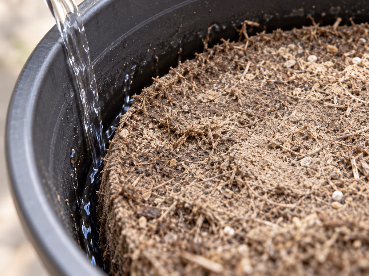 Pot en plastique vu de près, terreau sec rétracté laissant un jour contre la paroi, eau qui descend le long du bord