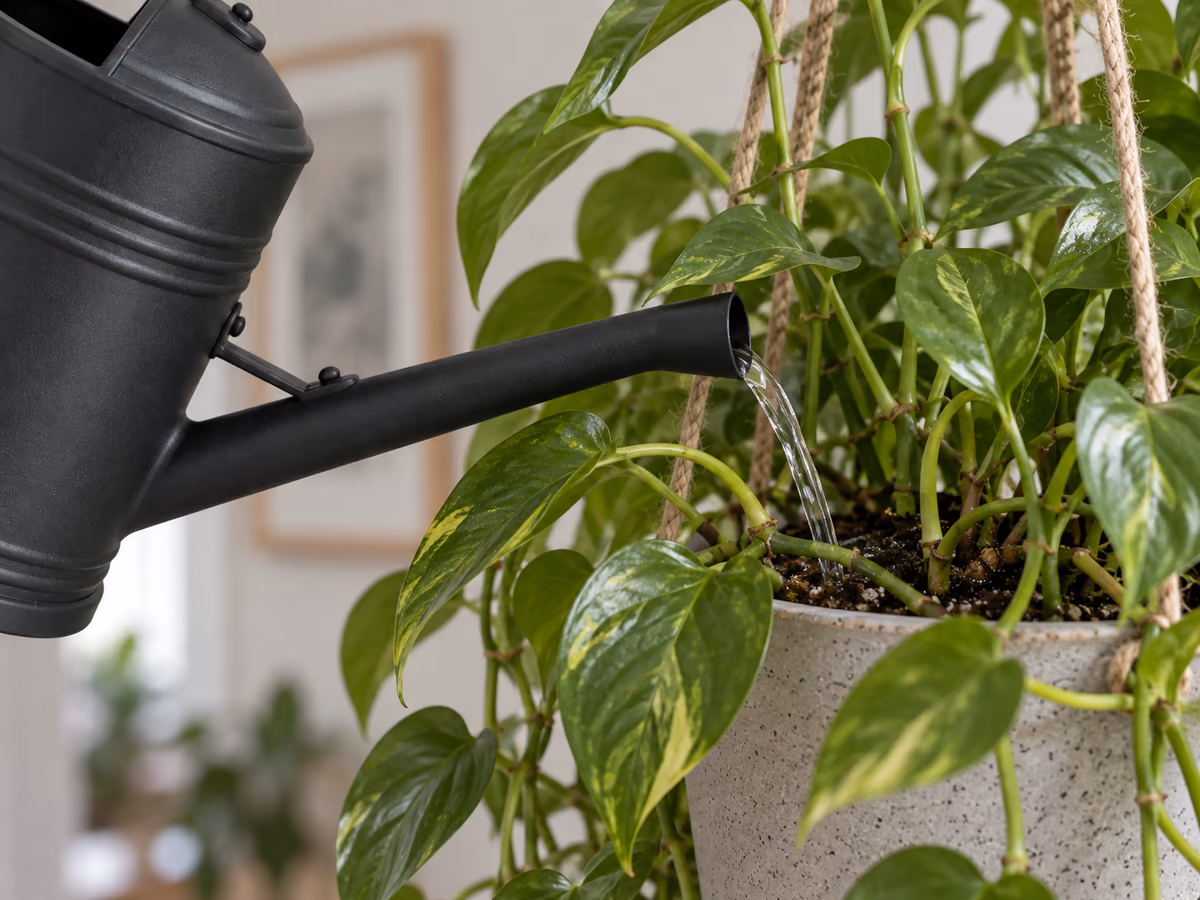 Bec nu d'un arrosoir noir glissé entre les tiges retombantes d'une plante en suspension, filet d'eau au pied de la tige
