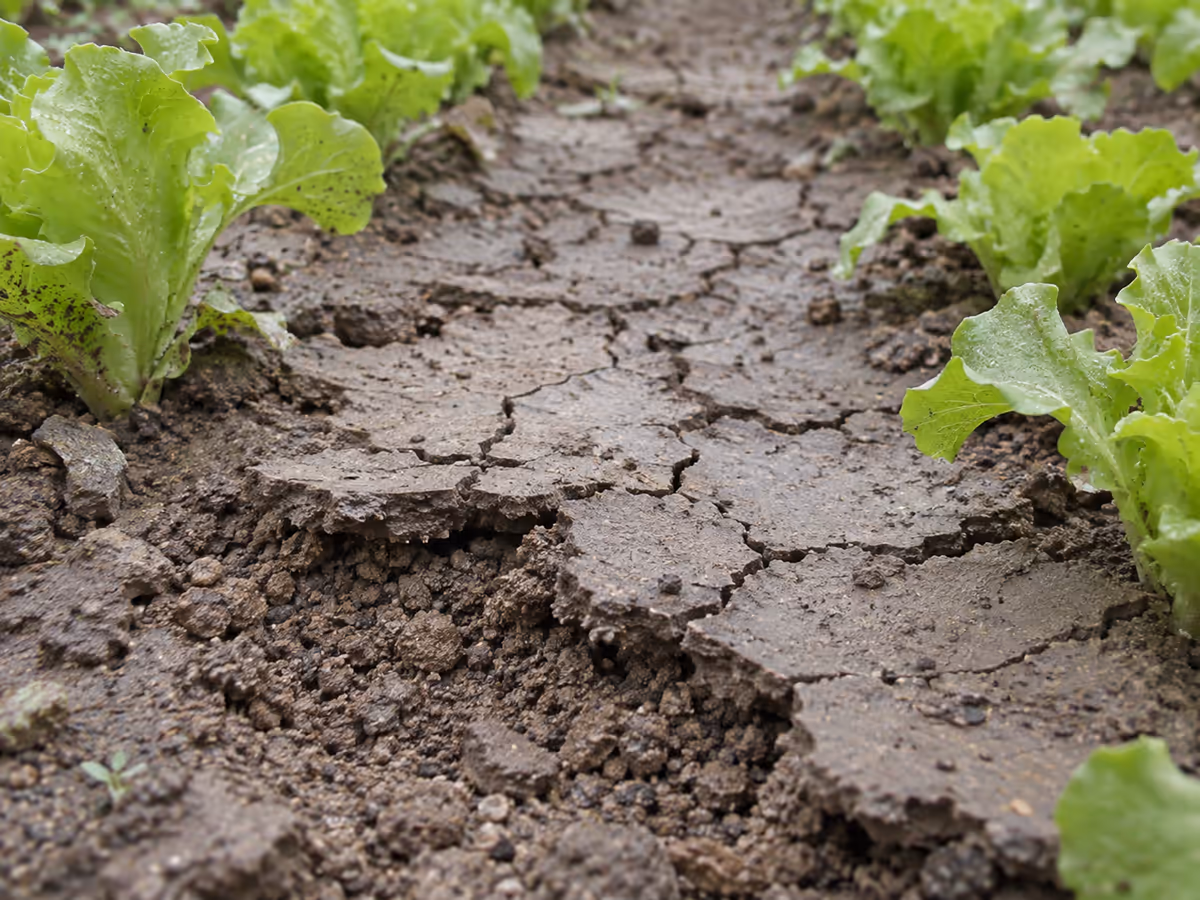 Gros plan sur une croûte de battance fissurée en plaques entre deux rangs de jeunes salades