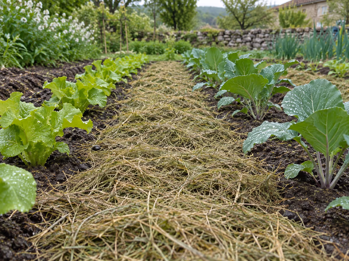 Bande de potager paillée de tonte séchée entre deux rangs de jeunes légumes après la pluie