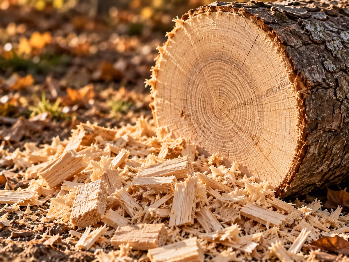 Copeaux clairs et épais accumulés au pied d'une bûche de bois dur fraîchement tronçonnée, lumière rasante d'après-midi d'automne