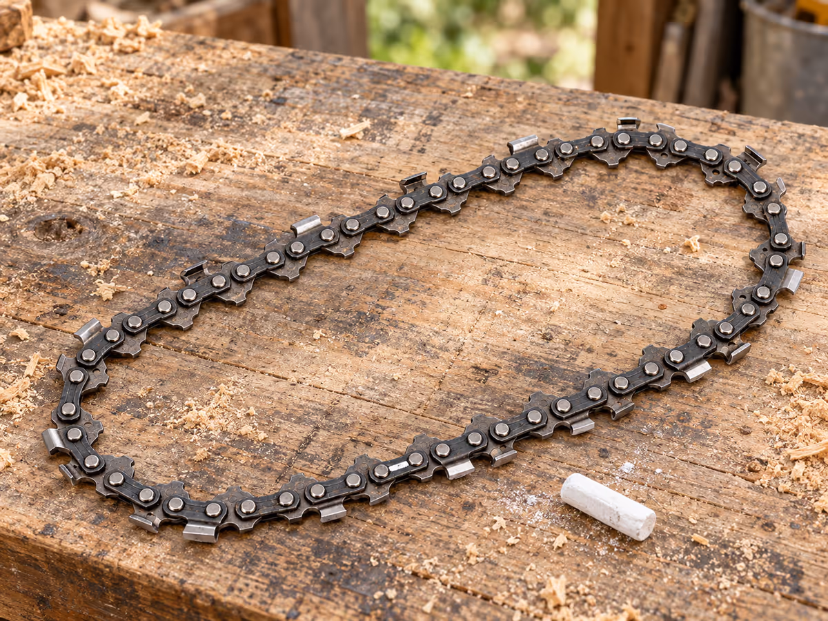 Chaîne de tronçonneuse déposée à plat sur un établi en bois, un trait de craie blanche marquant un maillon d'entraînement