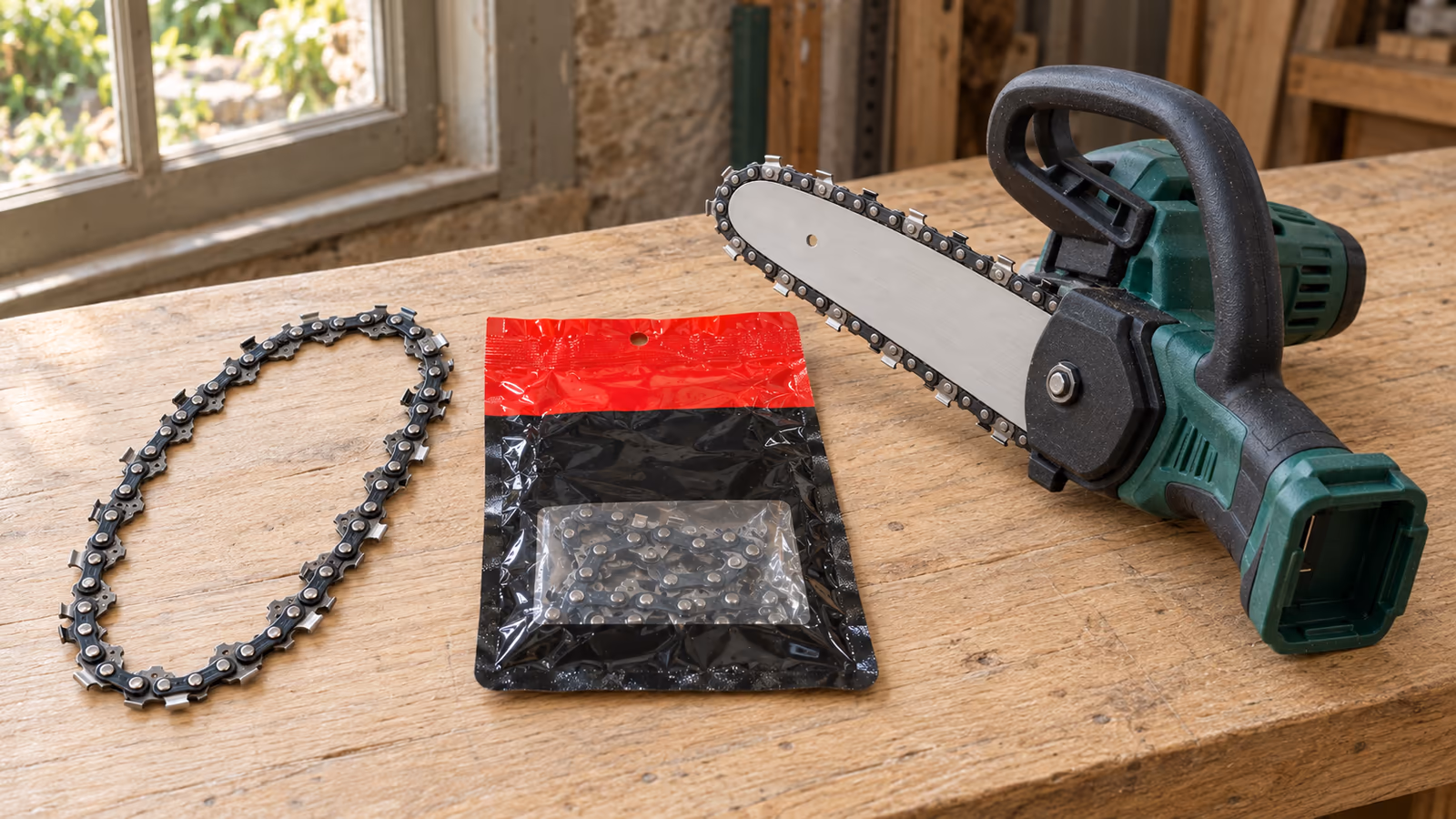 Chaîne de tronçonneuse déposée à plat sur un établi en bois, sachet d'origine et mini-tronçonneuse sans batterie posés à côté