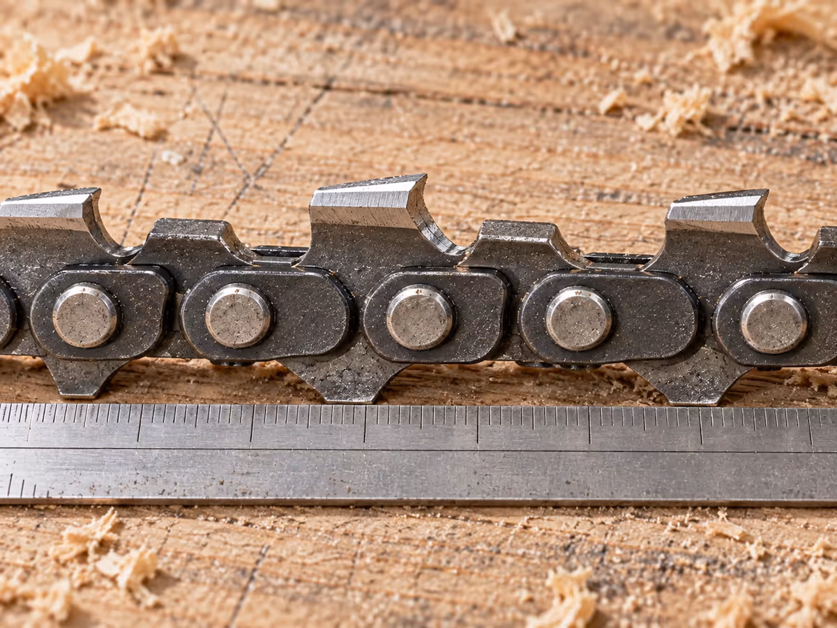 Trois rivets consécutifs d'une chaîne de tronçonneuse posée à plat sur un établi, repères alignés sous un réglet gradué