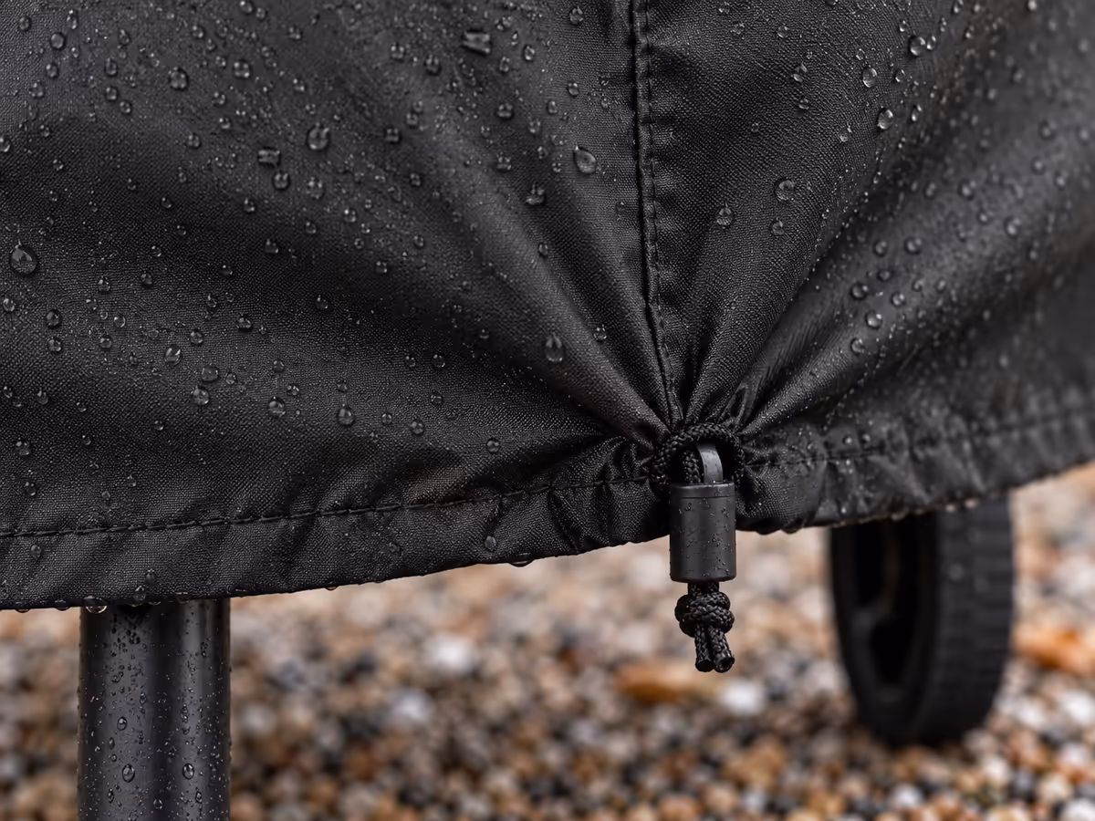 Gros plan sur le cordon de serrage noir et son bloqueur, serré à la base d'une couverture de gril ronde, gouttes de pluie sur la toile