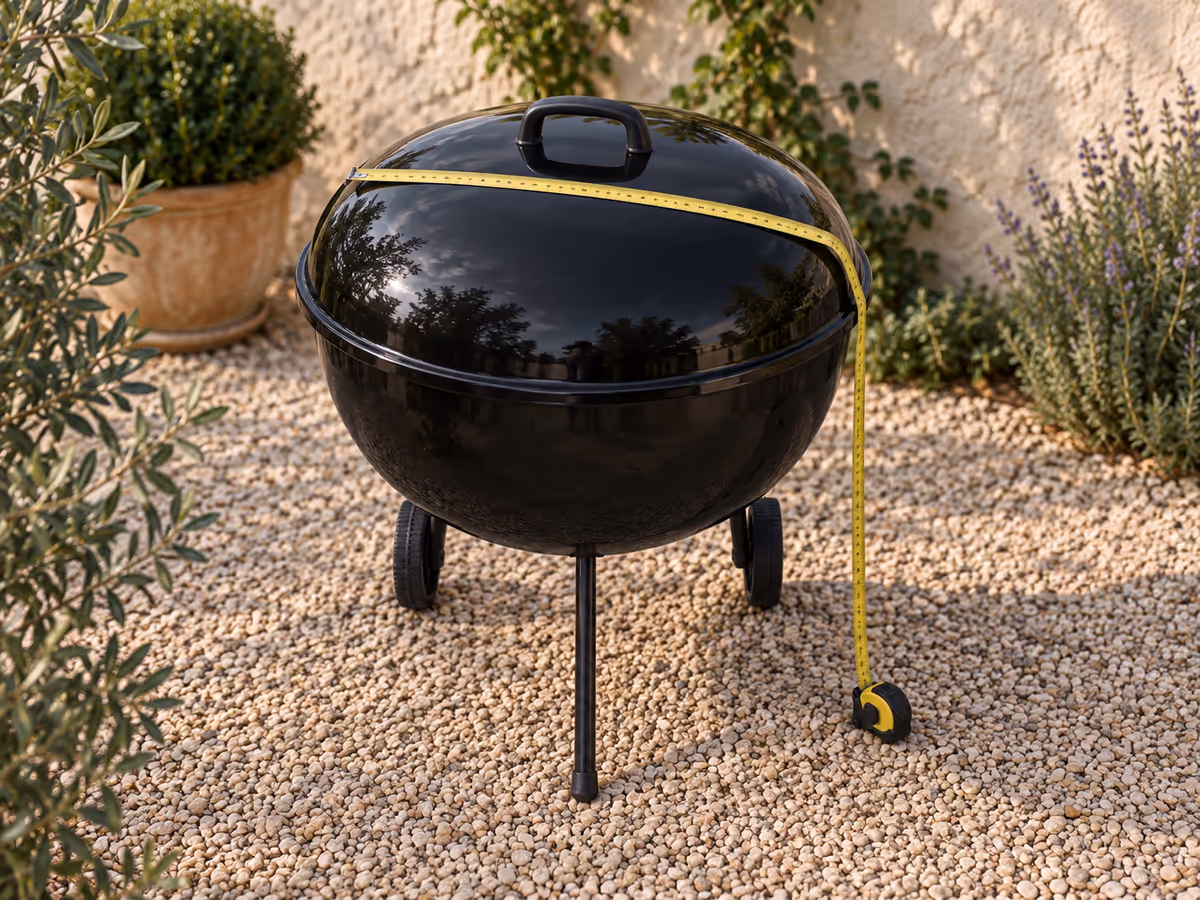 Mètre ruban posé en travers d'une cuve de gril à charbon ronde pour relever le diamètre, couvercle fermé, sur une terrasse en gravier