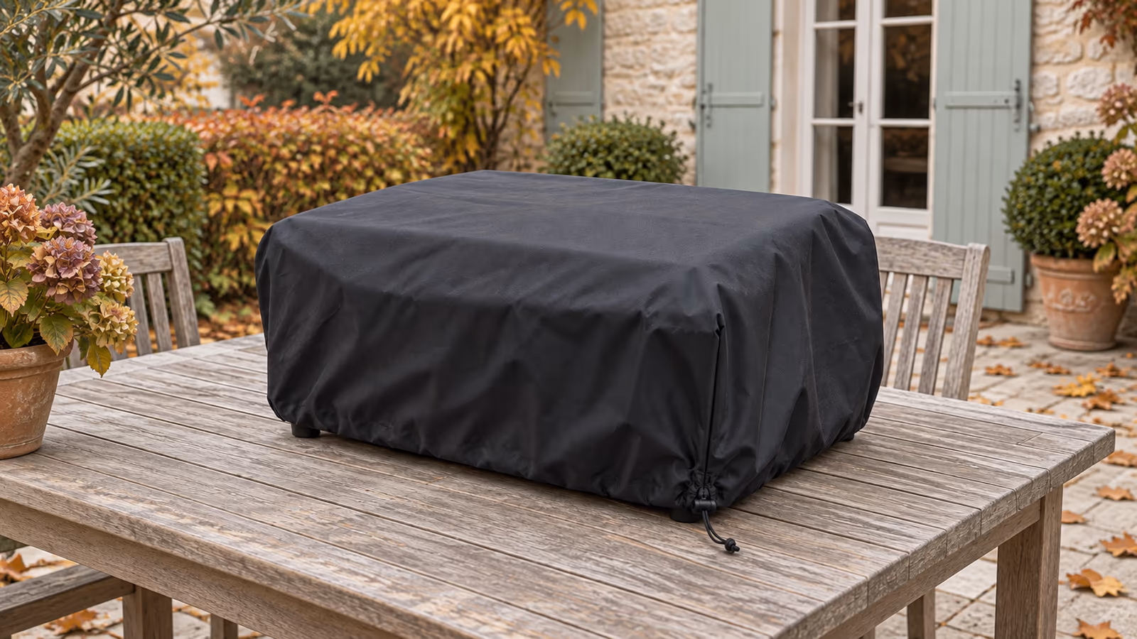 Housse de protection noire cubique posée sur une plancha de table, sur une terrasse à l'automne