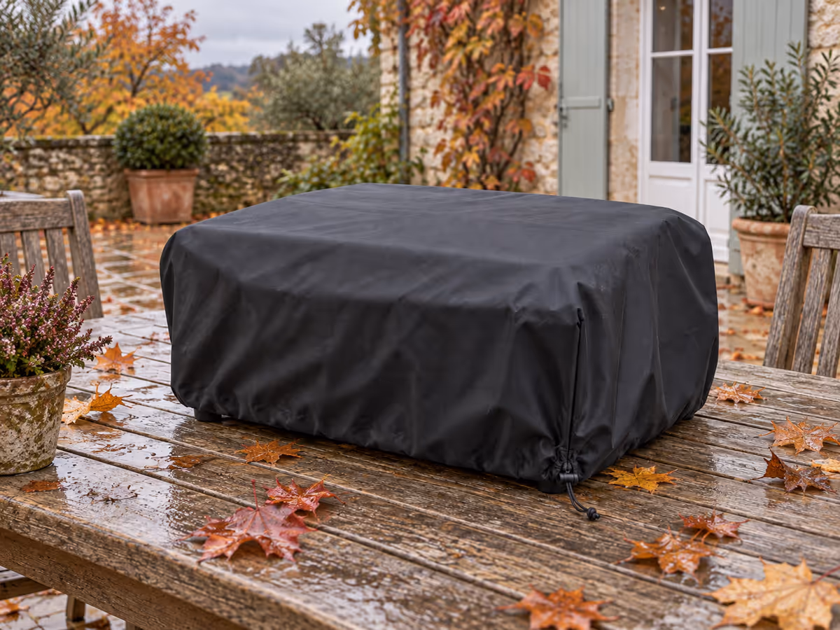 Housse noire cubique posée et serrée sur une plancha de table, sur une terrasse jonchée de feuilles mortes à l'automne