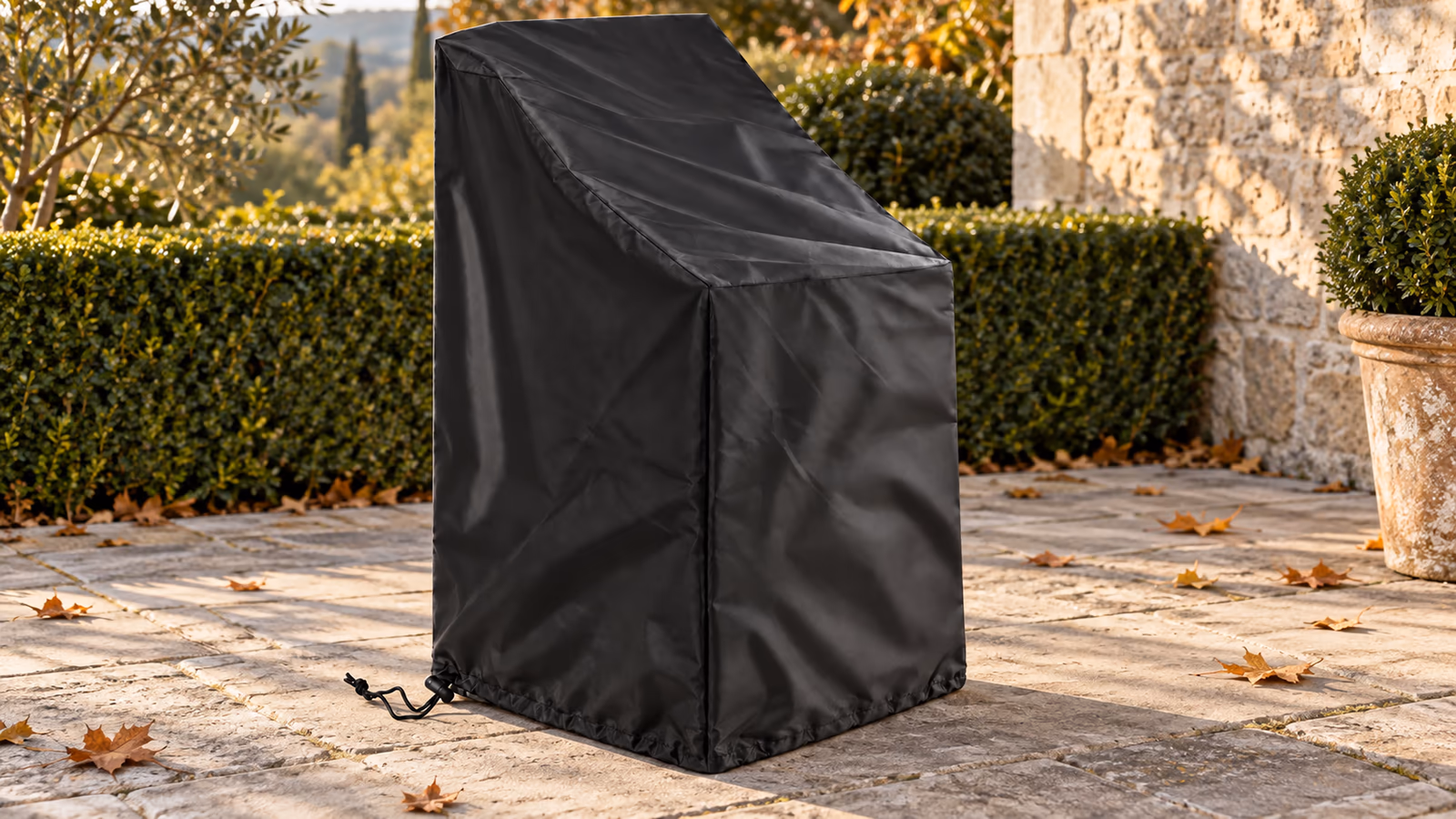Housse de protection noire posée sur une pile de chaises de jardin empilables, sur une terrasse en dalles à l'automne