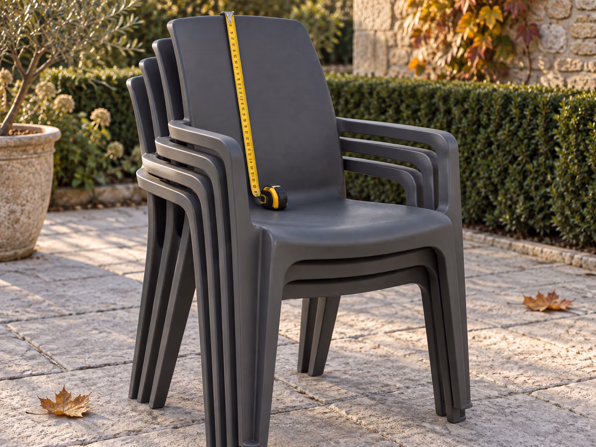 Mètre ruban déroulé contre le dossier d'une pile de chaises de jardin sur une terrasse, à hauteur du montant le plus haut
