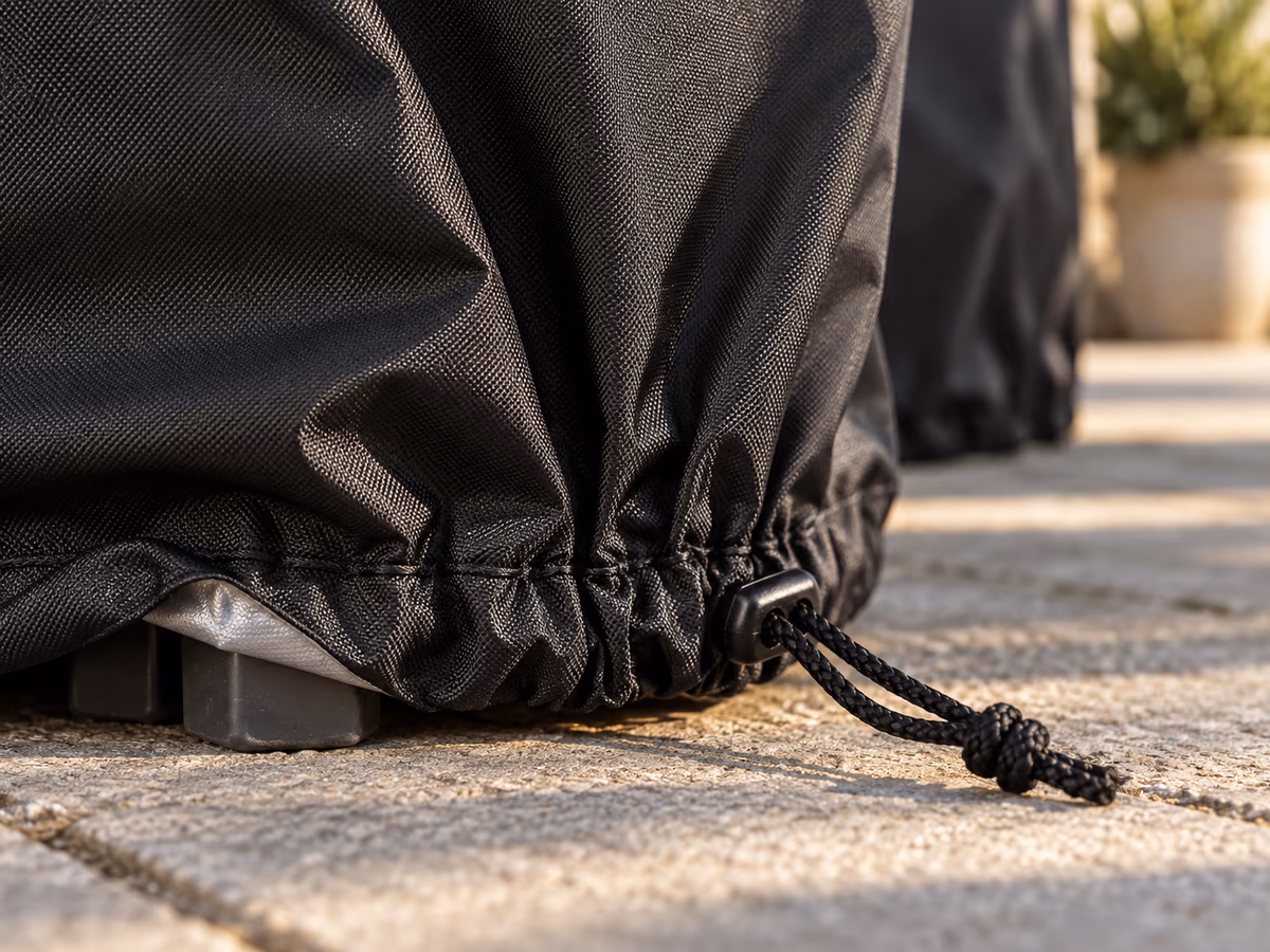 Gros plan de l'ourlet froncé d'une housse de protection noire au pied d'une pile de chaises de jardin, cordon serré et bloqueur plastique