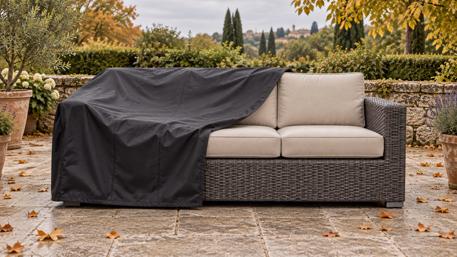 Salon de jardin trois places en résine tressée recouvert d'une housse noire, sur une terrasse à l'automne