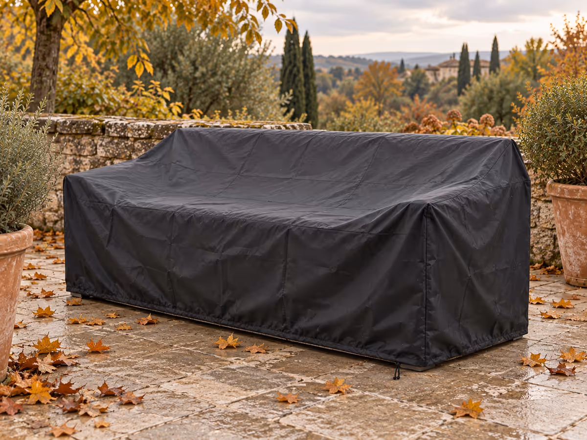 Housse noire posée et cordon serré sur un salon de jardin, sur une terrasse jonchée de feuilles mortes à l'automne