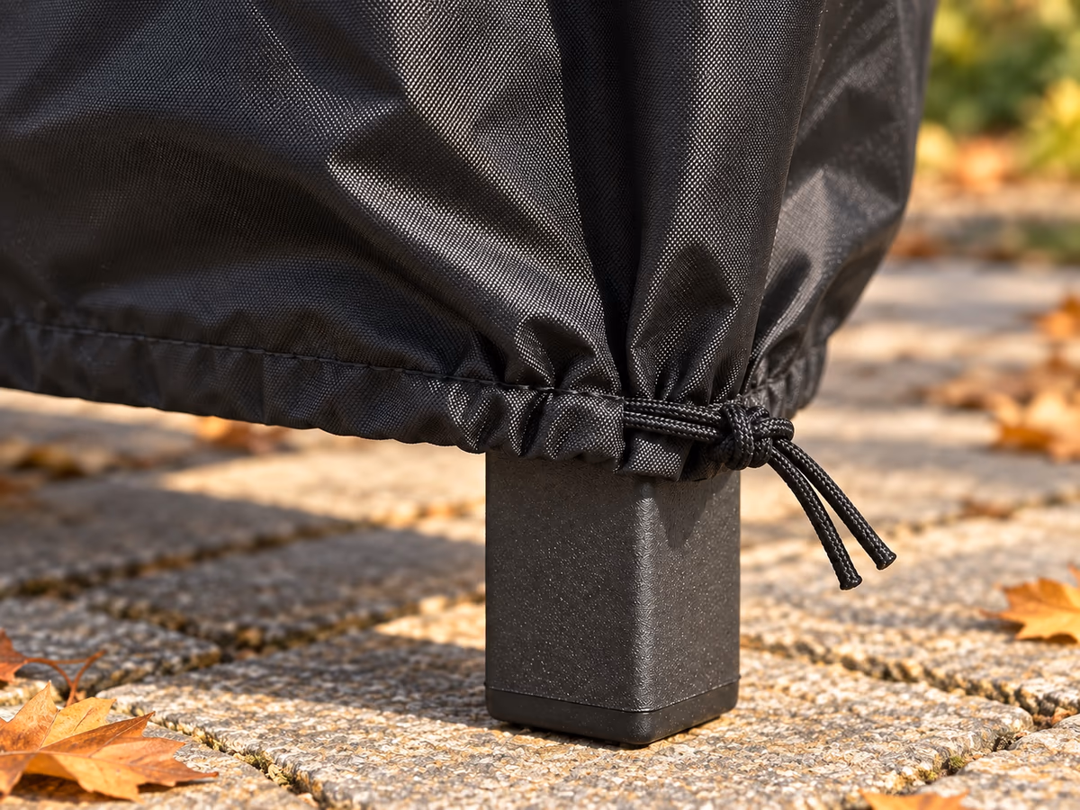 Bas d'une housse noire froncée autour des pieds d'une table de jardin par un cordon de serrage noué, feuilles d'automne au sol