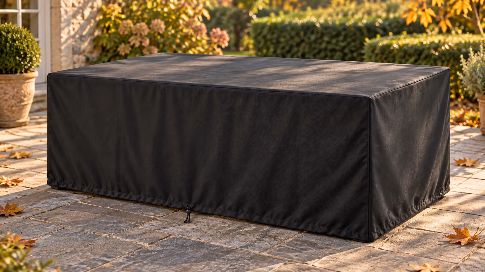Housse noire à pans droits posée sur une table de jardin rectangulaire, retombée jusqu'aux dalles d'une terrasse, lumière de fin d'après-midi