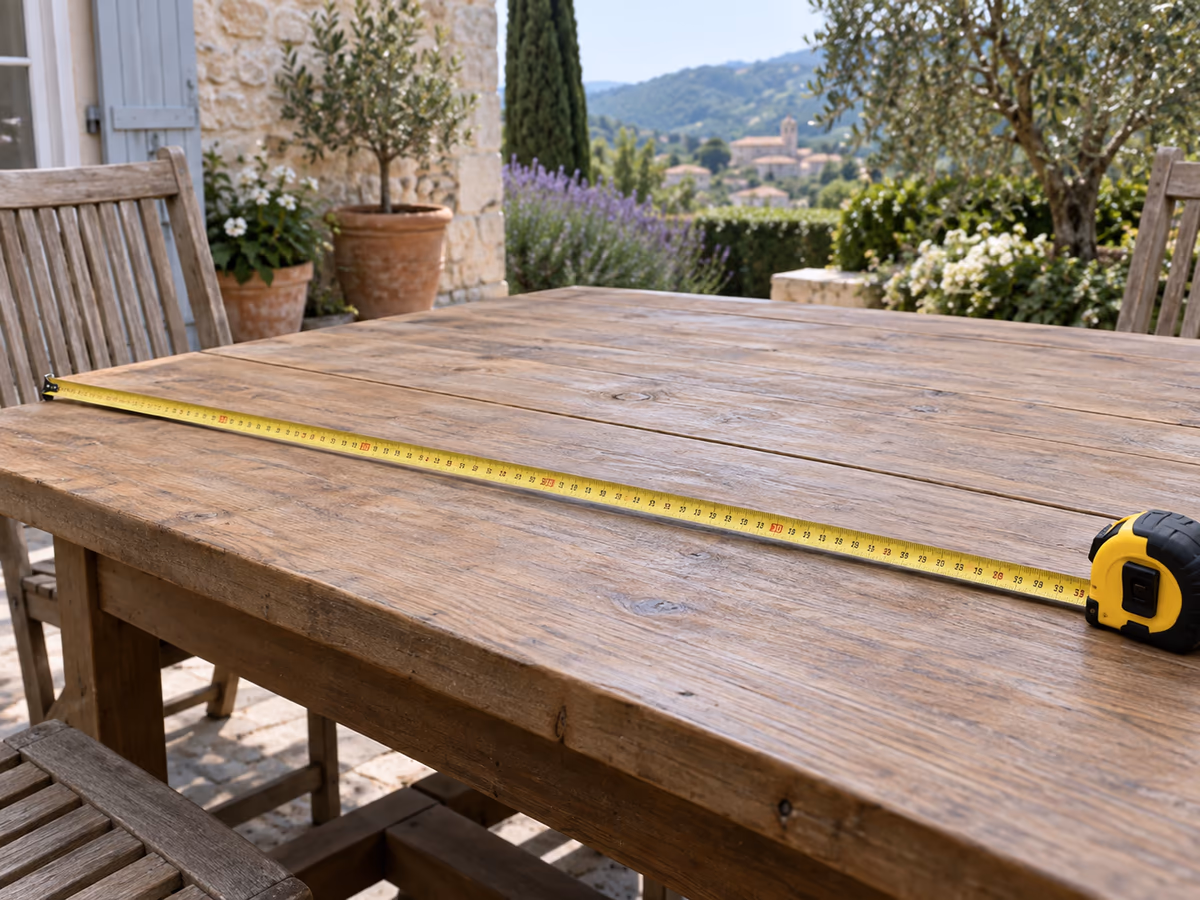 Mètre ruban déroulé sur le plateau d'une table de jardin rectangulaire en bois, mesure de la longueur d'un bord à l'autre
