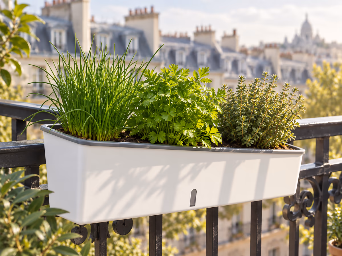 Jardinière étroite garnie d'une rangée de ciboulette, de persil et de thym le long d'un garde-corps de balcon, au soleil