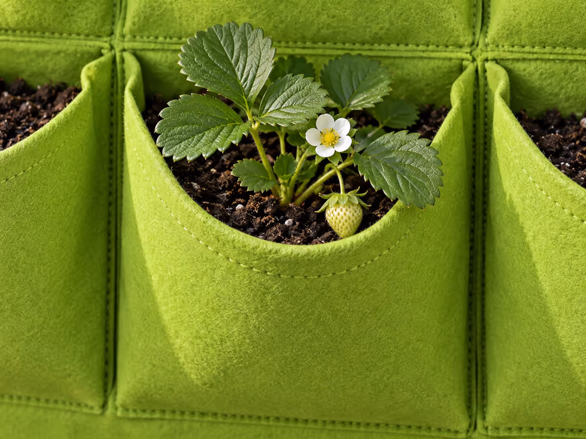 Gros plan sur une pochette de feutre vert clair remplie de terreau, jeune plant de fraisier installé au centre