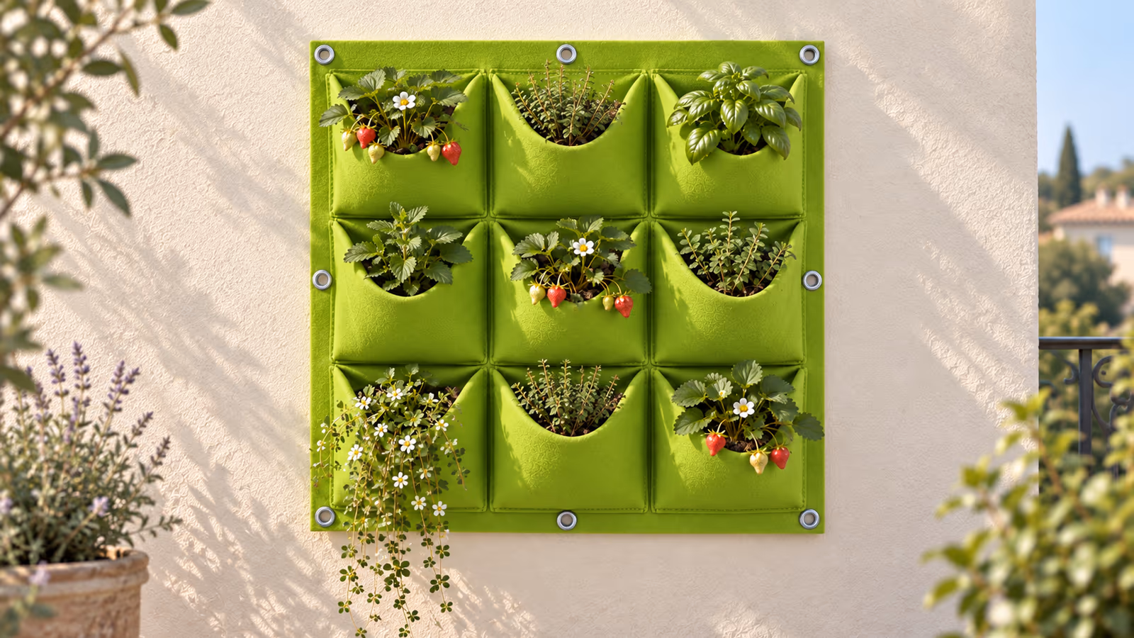 Panneau de feutre vert clair à neuf pochettes garnies d'aromatiques et de fraisiers, accroché au mur clair d'un balcon au soleil du matin