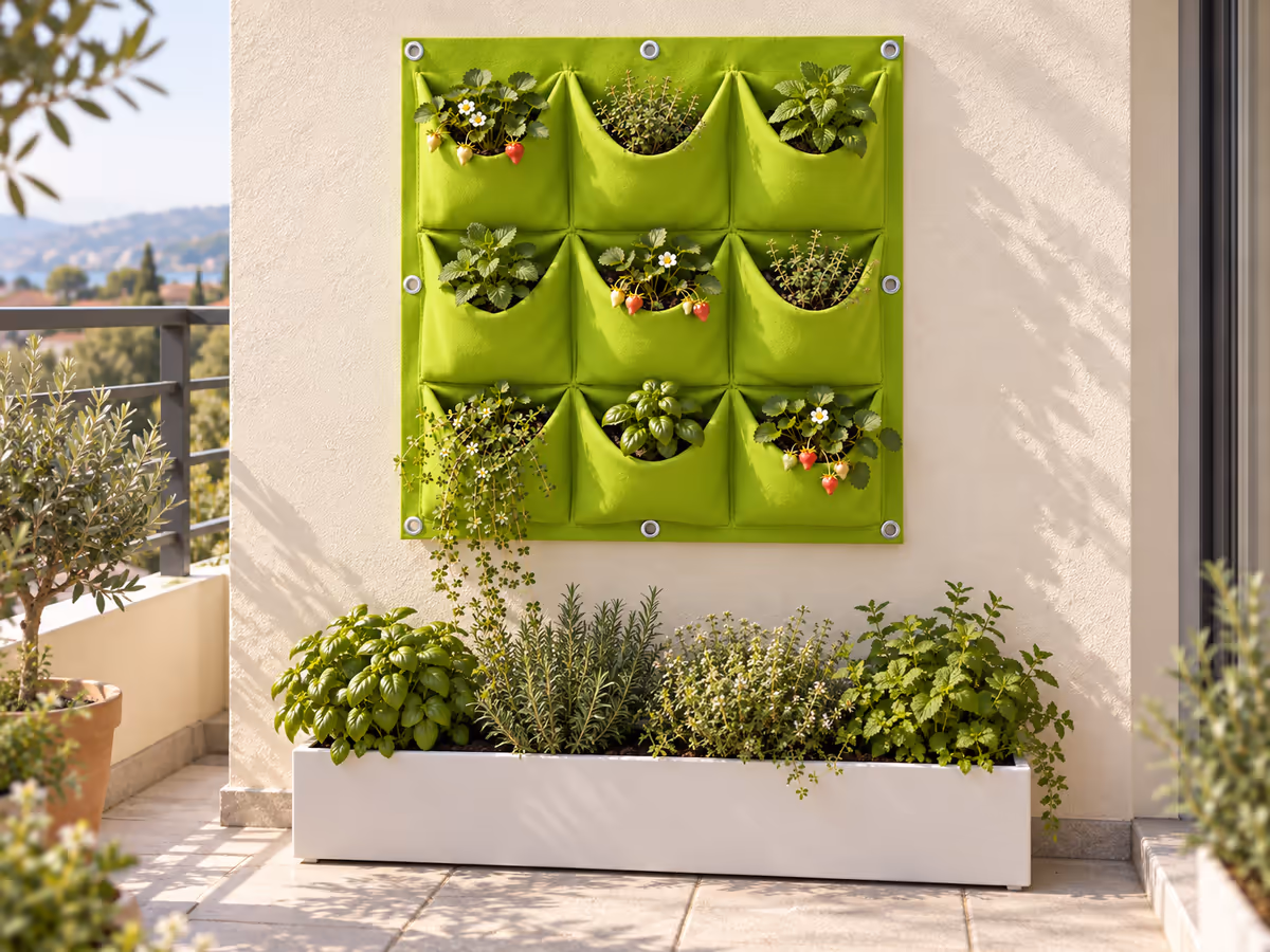 Panneau de feutre vert clair à neuf pochettes accroché au-dessus d'une jardinière posée, sur un balcon en début de matinée