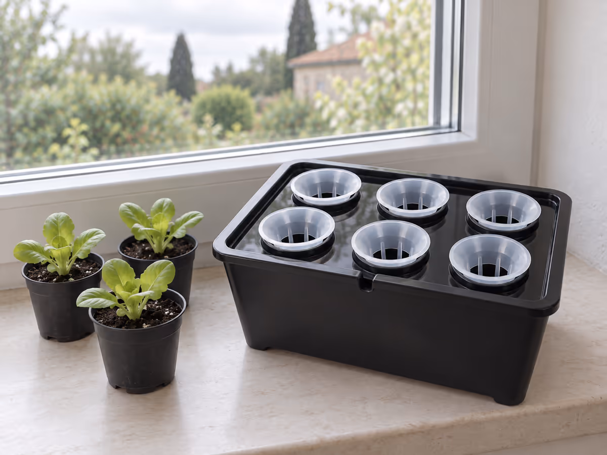 Trois godets de jeunes laitues vert pâle derrière une fenêtre lumineuse, bac de germination noir posé à côté