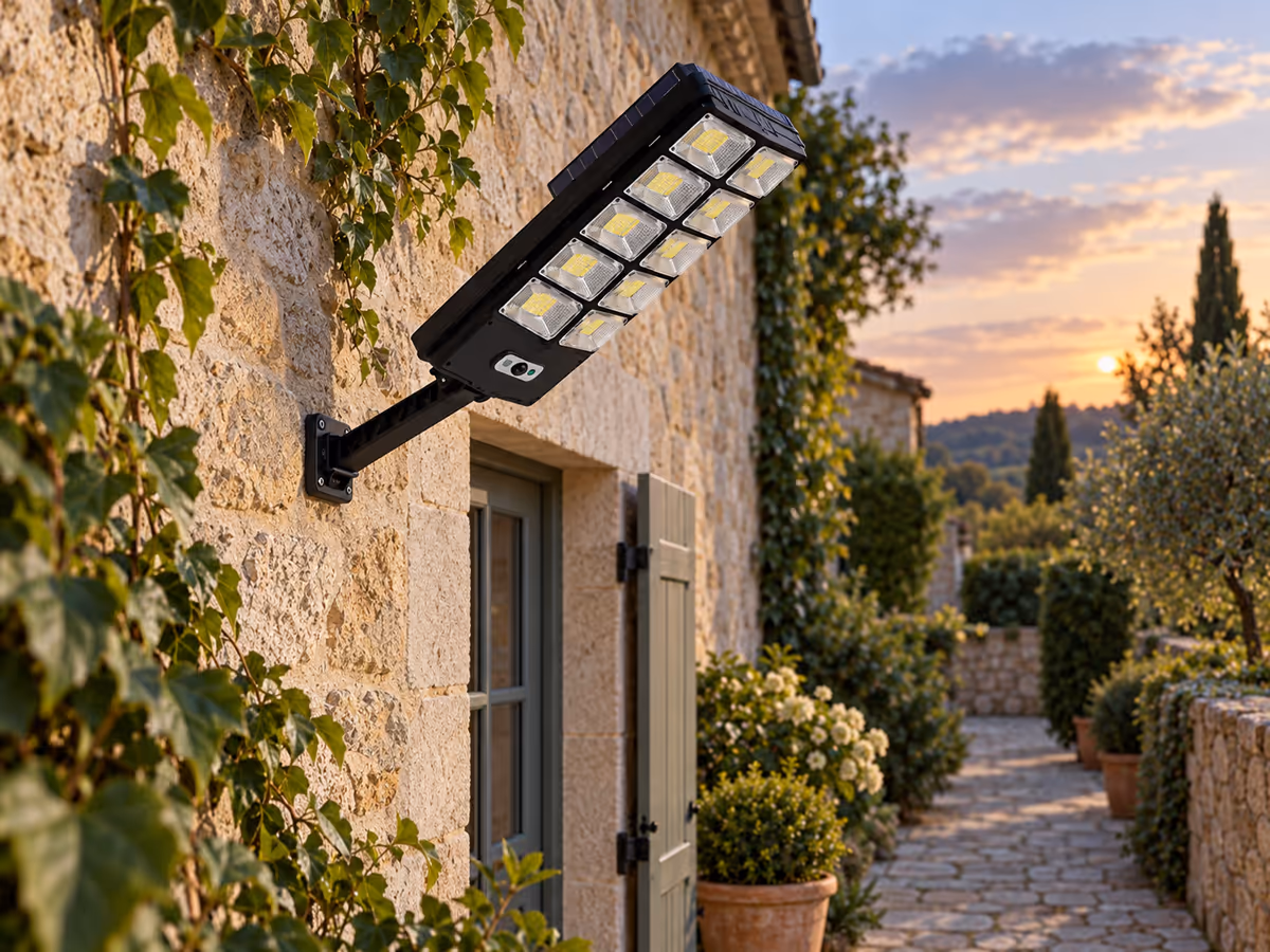 Applique solaire noire vue de profil sur un mur de façade, bras de fixation incliné orientant le boîtier vers une allée pavée