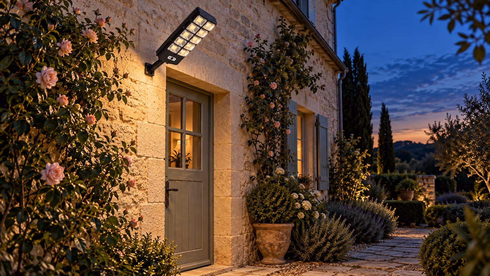 Applique solaire noire fixée au-dessus d'une porte d'entrée au crépuscule, dôme du détecteur visible en façade et panneau supérieur orienté vers le ciel
