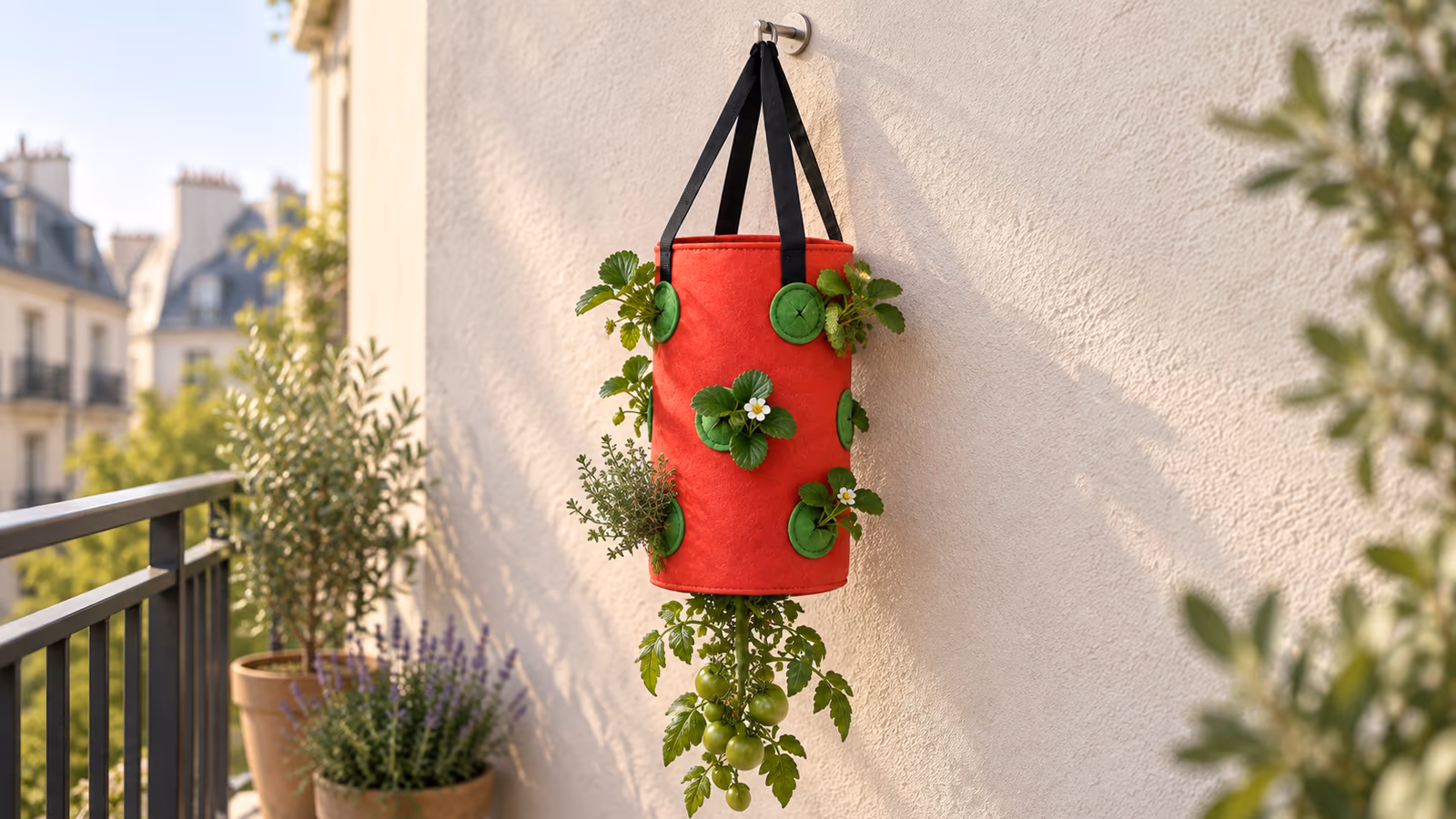 Sac de plantation suspendu en feutre rouge à treize poches garnies de fraisiers, accroché au mur clair d'un balcon, une tomate descendue sous le fond