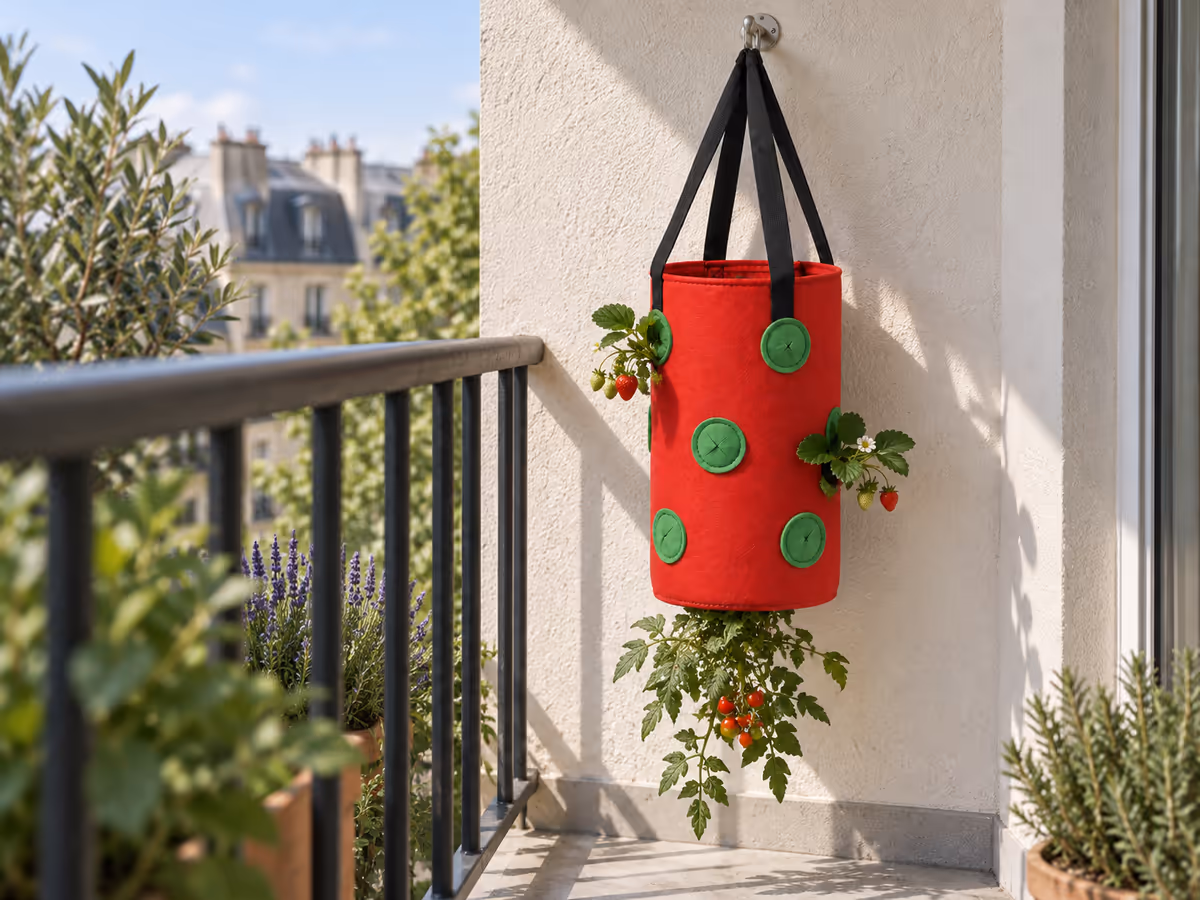 Sac de plantation suspendu en feutre rouge sur le mur clair d'un balcon, à hauteur de genou au-dessus d'un garde-corps métallique