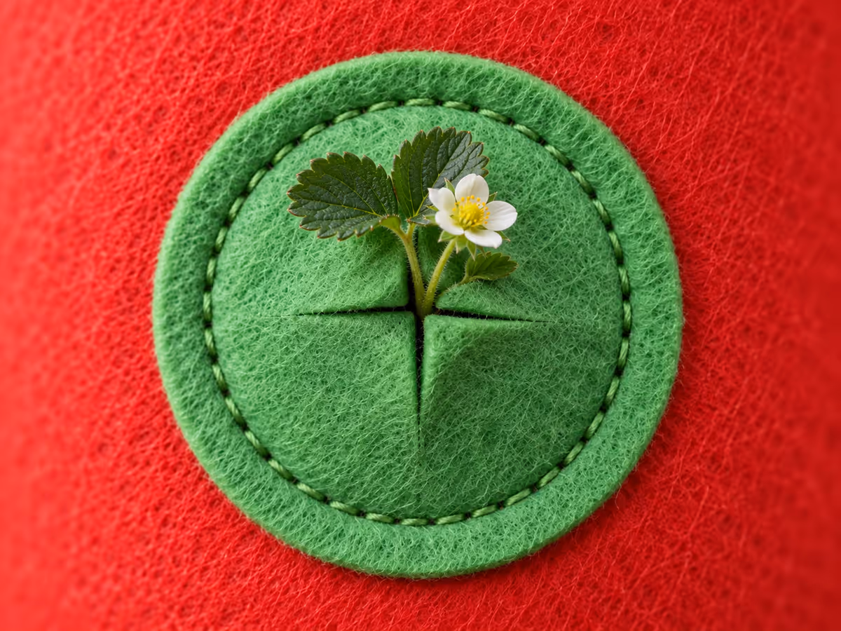 Gros plan sur une poche verte cousue sur un sac de feutre rouge, fente en croix écartée par une jeune plante