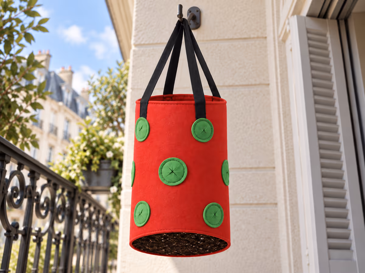 Vue de dessous d'un sac de plantation en feutre rouge garni, quatre sangles plates réunies sur un crochet unique sous le fond ouvert